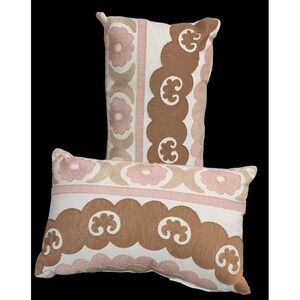 Set Of 2 Suzani Floral Lumbar Pillows With Pink & Brown Embroidered Design